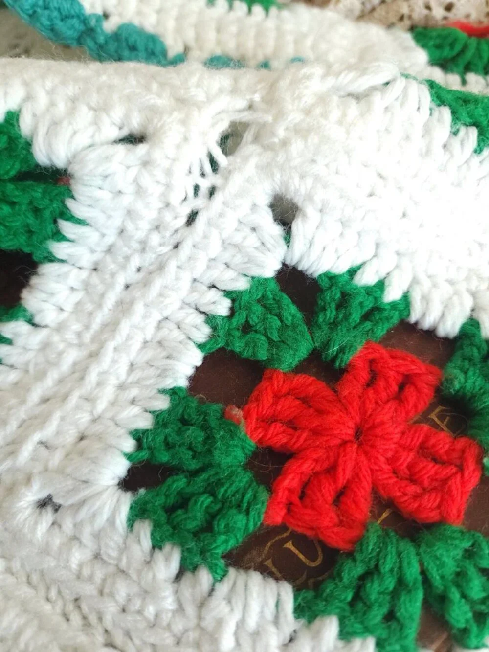 Vintage 1970s Afghan, Granny Square Crochet Lap Blanket, Red Green White Poinset